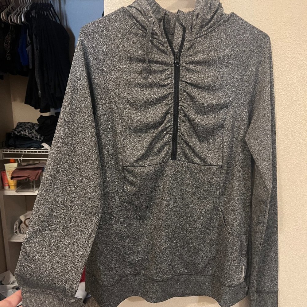 Exertek | Heathered grey hooded 1/4 zip, rouched chest design, L